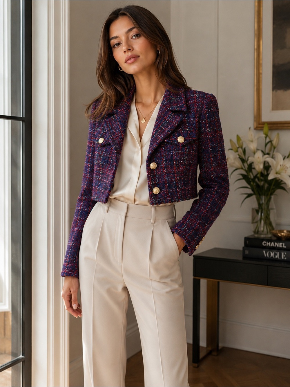 Generation Love Norah Navy/ Merlot Tweed Blazer size 2